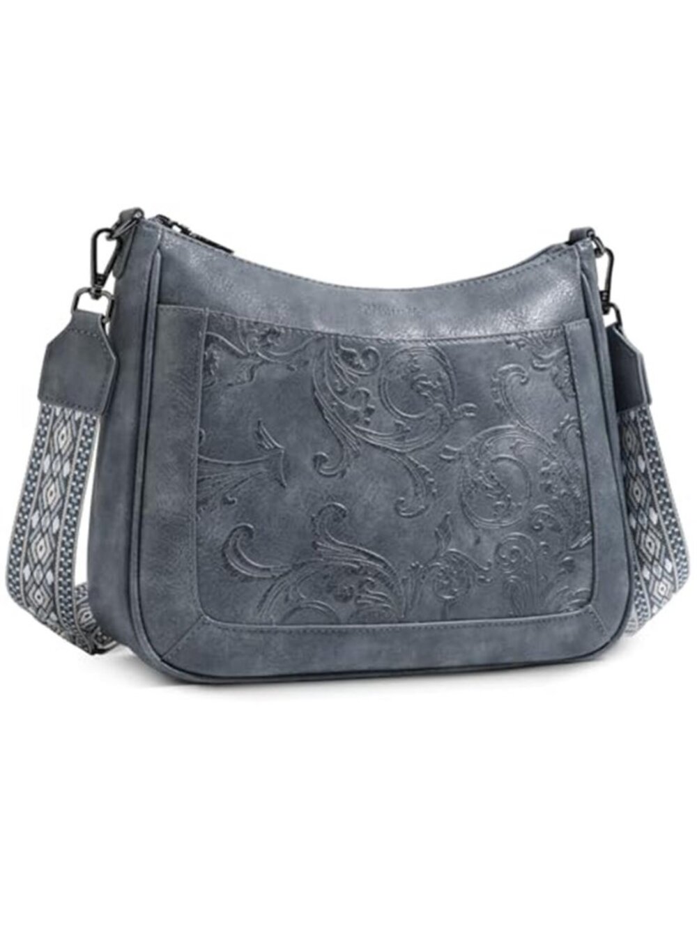 Womens Embossed Floral Vegan Leather Crossbody Bag Shoulder Purse Wide Strap